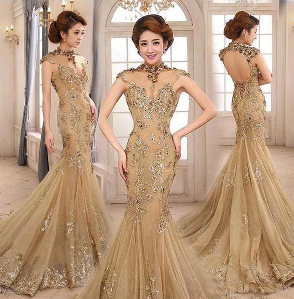 

champagne applique lace mermaid prom dresses sheer high collar cap sleeve sequined long evening gown gelinlik custom made 20196086828, Black