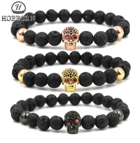 

hobborn trendy natural lava stone bracelet women men hip hop rose gold silver color charm cz skull bracelets pulsera hombre3081246, Golden;silver