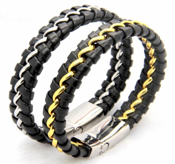 

unique designer 316l stainless steel bracelets bangles mens gift black leather knitted magnetic clasp bracelet men jewelry3503363