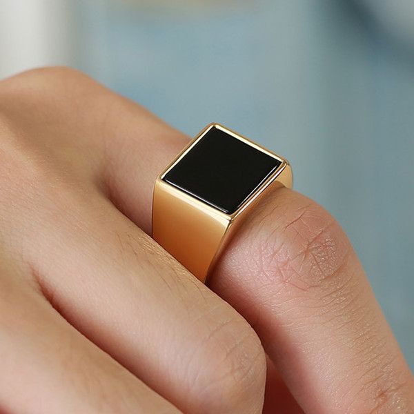 

vintage rings for men stainless steel ring inlay black square acrylic ring jewelry gift for boys boyfriend ladies dad yw345rc-484, Golden;silver