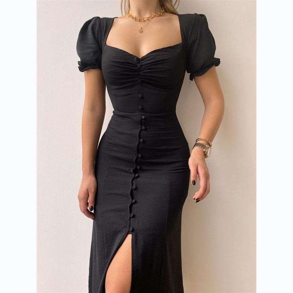 

spring and summer v neck single breasted elegant midi dress, Black;gray