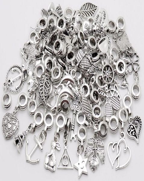

100pcslot vintage big hole loose beads european charms pendant fit pandora charms bracelet diy metal jewelry making7280462, Bronze;silver