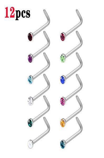 

crystal nose stud nariz piercing set l shape nose ring stainless steel 2mm gem nostril screw for women men body jewelry7960135, Silver
