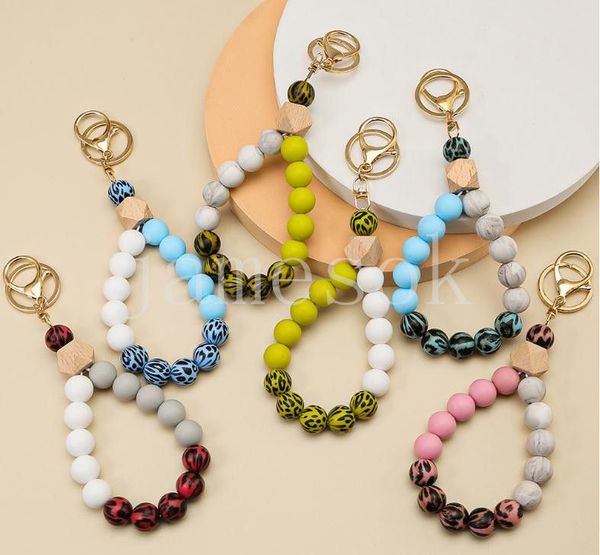 

fashion silicone leopard keychain for keys wood beads bracelet keyring for women accessories multicolor keychain jewelry gifts df107, Silver