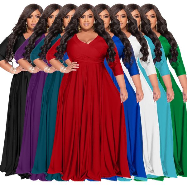 

plus size dresses autumn big size women maxi dress elegant v neck pleats solid a line party long dresses casual club gowns female 4xl 230715, Black