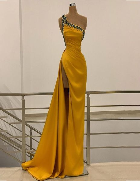 

women evening gowns one shoulder crystal satin mermaid prom dress with high split backless red carpet dresses7683936, Black;red
