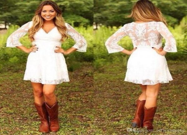 

vestidos white short lace cowgirls country bridesmaid wedding dresses with 34 long sleeves mini bridal gowns reception dress cust6037378