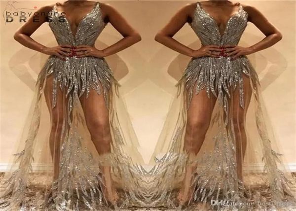 

new arrival illusion long prom dresses deep vneck beads sequined party gowns see through chic evening dress custom made robe de s6432442, Black;red