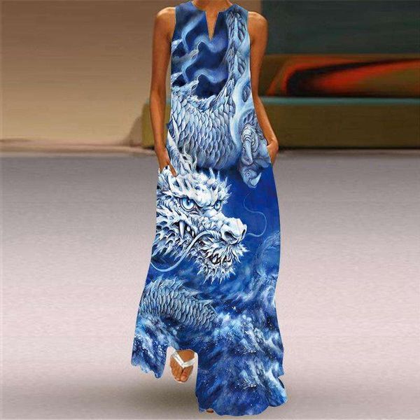 

pocket vintage printed long dress v neck multi color sleeveless, Black;gray