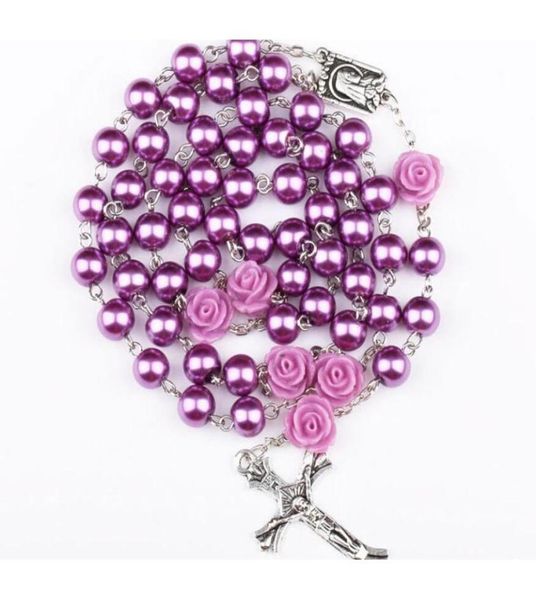 

10pcs fashion religious simulated pearl beads purple rose catholic rosary necklace women long strand necklaces jesus jewelry gift 7892164, Silver