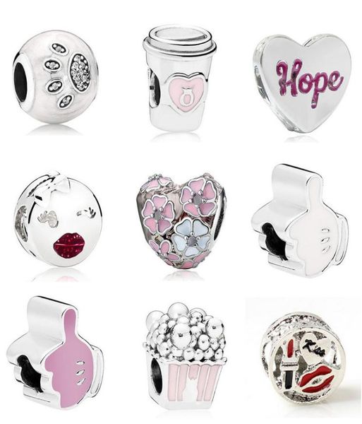 

20pcs coffee cup lipstick popcorn magnolia paw print silver charms bead pendant beads fit european charm pandora bracelet jewelry 2173260, Black