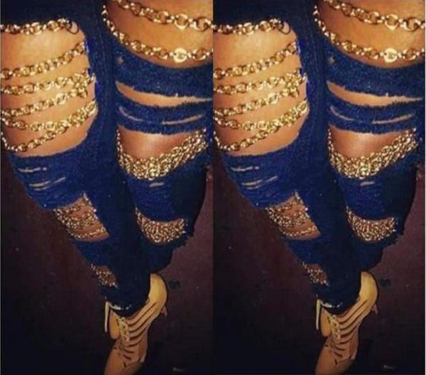 

dark blue denim jeans women summer spring holes chains design long trousers hiphop street trousers9661792