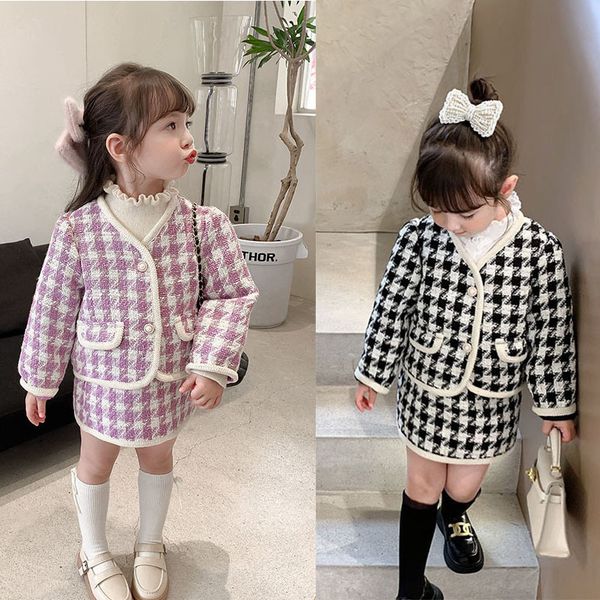 

clothing sets baby girls clothing sets 2pcs elegant tweed suits autumn winter preppy sweater skirt boutique outfits for kids 1-7t party 2307, White