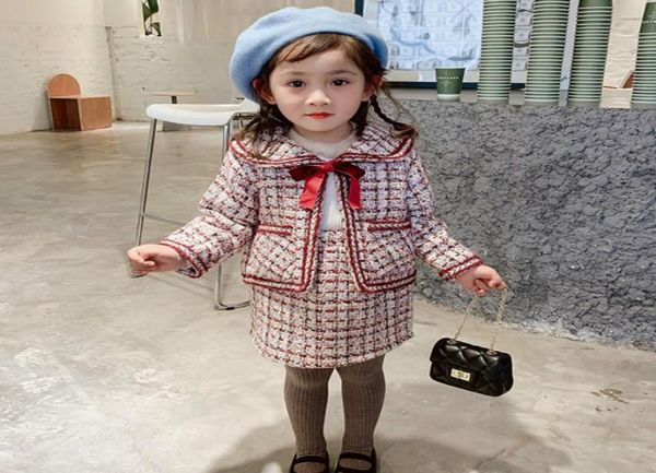 

2020 autumn new arrival girls fashion tweed 2 pieces suit coatskirt kids princess sets with bow4611636, White