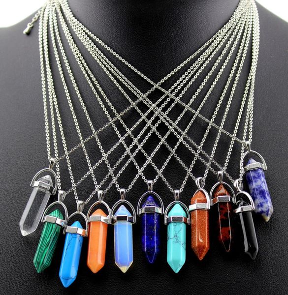 

whole charm silver plated blue sand stone hexagon shape chakra healing pendant necklace with chain1246854