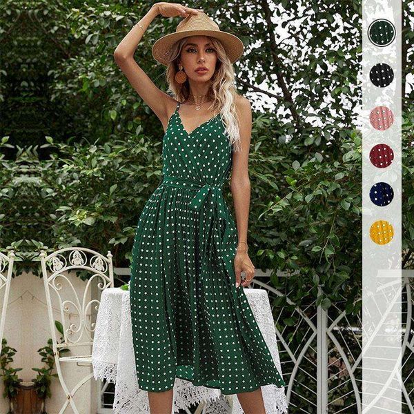 

polka dot camisole mid length lace up pleated dress, Black;gray