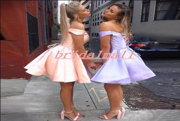 

off the shoulder pink satin short homecoming dresses purple formal party gowns mini little cocktail graduation dress cocktai5378698, Blue;pink