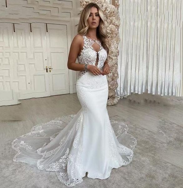 

amelia sposa full lace appliques mermaid wedding dresses 2021 jewel neck chapel train plus size backless bridal party gowns7008711, White