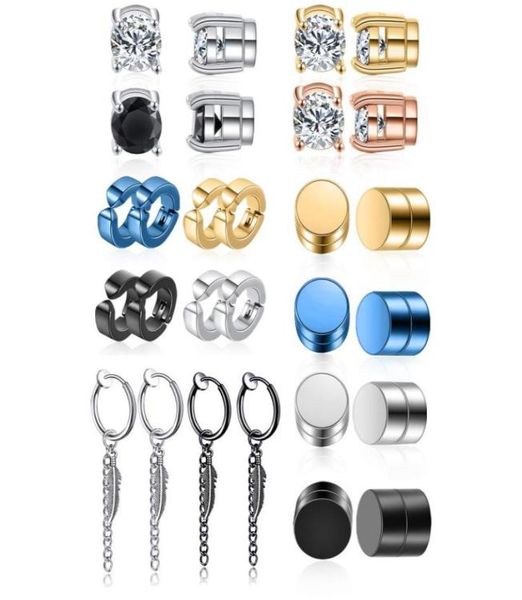 

14 pairs stainless steel magnetic stud earrings clip on non piercing feather hinged hoop earrings cz magnet earring set10088727906, Golden;silver