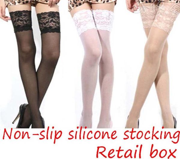 

socks silicone nonslip stockings lingerie for women sheer lace band stay up thigh high stocking pantyhose with retail bo4165115, Black;white