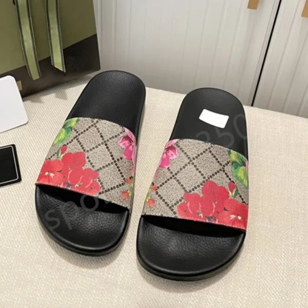 

with box designer slides men women luxury slippers pantoufle flower flat slipper genuine leather rubber sandal mens womens summer beach ntp, Black