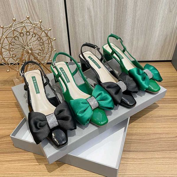

lady sandals high heel for women summer new bow tie thick sandal slippers with straight line middle shiny face 230626, Black