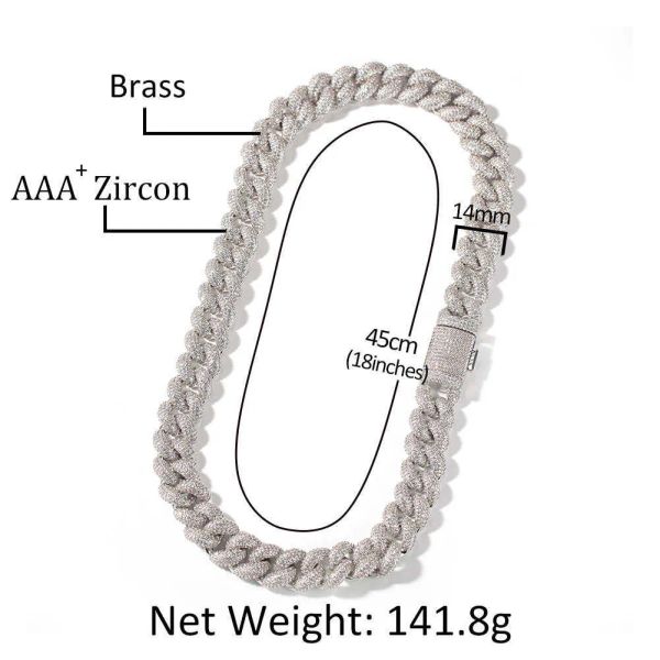 

14mm3d bling rhinestone golden finish miami wholesale cuban link chain moissanite necklace men's hip hop necklace jewelry, Silver
