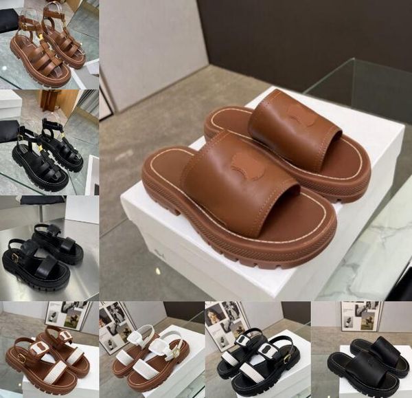 

designer woman classics dermis slipper logo sandal chunky soles buckle ankle-strap slides platform mule lady summer beach high-quality slipp, Black