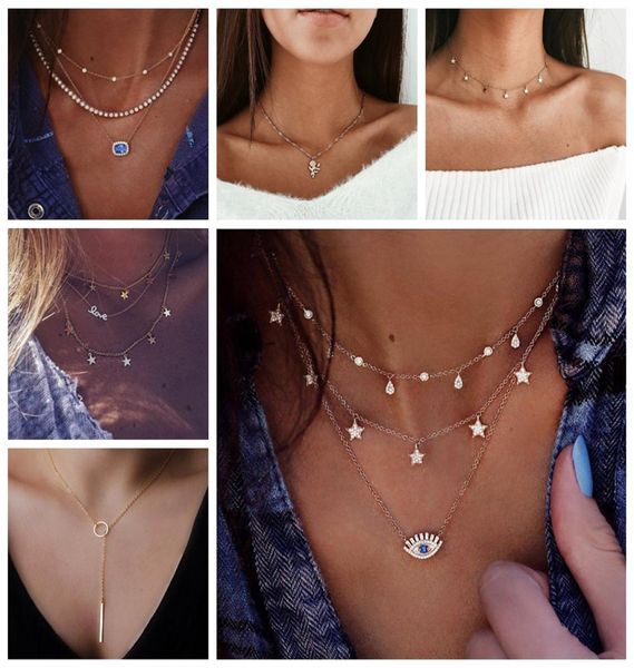

trendy gold multilayer mom necklaces boho crystal eye star water drop pendant africa necklaces for women 2019 choker jewelry7734336, Silver