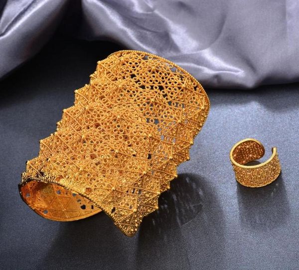 

bangle big bride 24k gold color dubai bangles for women bijoux africaine bracelets with ring wedding jewelry party gifts1193820, Black