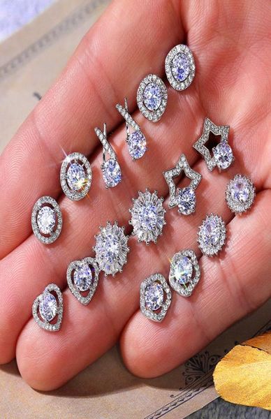 

18k white gold plated round heart clear wedding cubic zirconia stud earring pack of 8 pairs1841328, Golden;silver