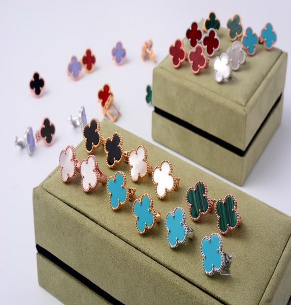 

fashion lady women brass single motif multicolor four leaf flower agate carnelian malachite mother of pearl turquoise 18k gold hoo8011634, Golden;silver