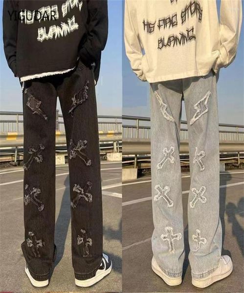 

men039s jeans men39s denim pants fashion loose wide leg casual streetwear printed cross trousers baggy men7772996, Blue