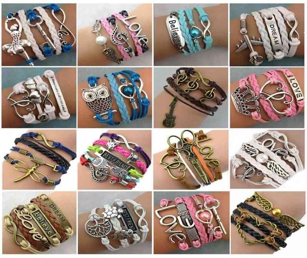 

whole 30pcslots mix style infinity love charm bracelets antique multilayer leather bracelets for women jewelry 2103237127403, Golden;silver