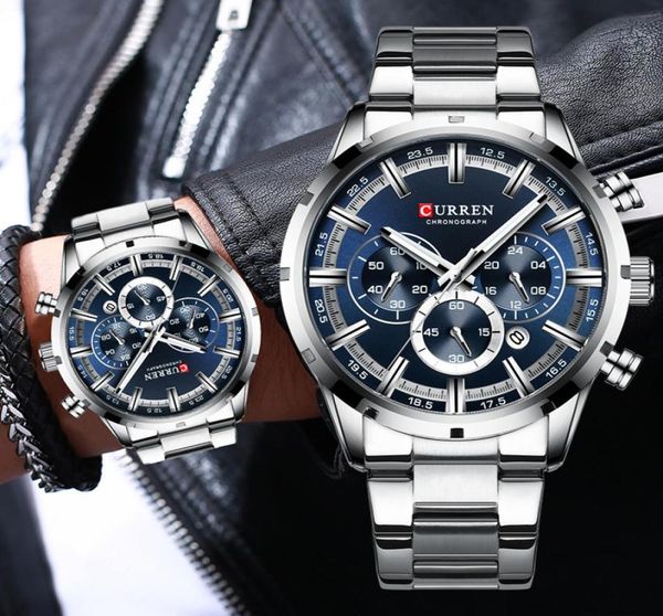 

new curren brand luxury fashion mens watches stainless steel chronograph quartz watch men sport male clock relogio masculino2954346, Silver