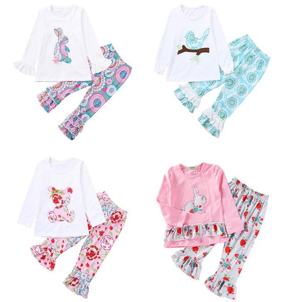

kids easter girls outfits baby clothes appliqued bunny floral birds bear printed ruffle long sleeve pants clothing sets 26t4515066, White