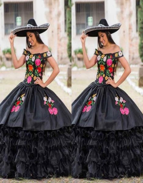 

2022 vintage black quinceanera dresses charro mexican embroidered ruffles satin organza off shoulder ball gown formal evening dres2846027, Blue;red