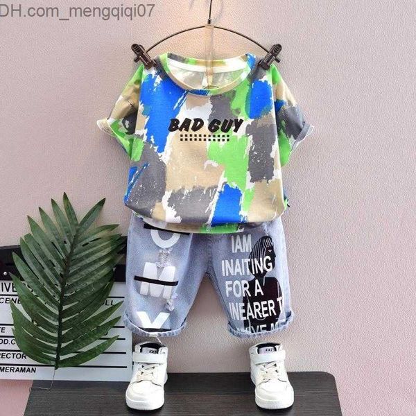

clothing sets teenage boys' printed children's clothing set 2023 summer 2-12y boys' short sleeve t-shirt+denim set shorts clo, White