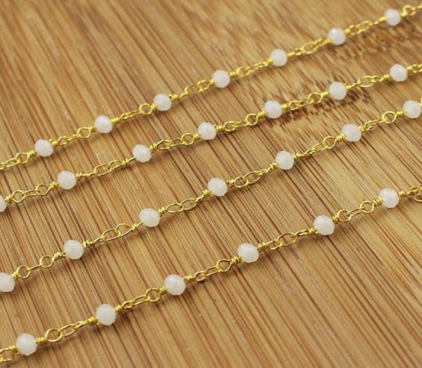 

whole moonstone chalcedony rosary style beaded chain4x3mm faceted rondelles white beads wire wrapped gold chain beaded c46449900144, Silver