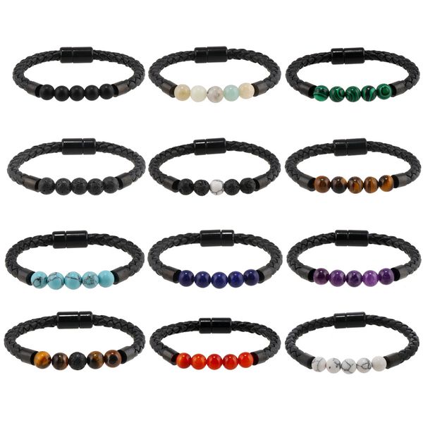 

stylish gemstone beads magnet buckle bracelet for men women buddha wrist chain leather jewelry gifts, Black