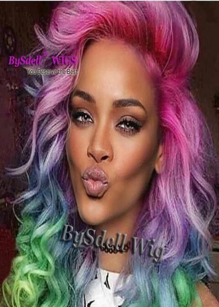 

glamor colorful luxury body wave hair lace front wig celebrity rihanna style synthetic patel unicorn rainbow color hair full lace 7689755, Black