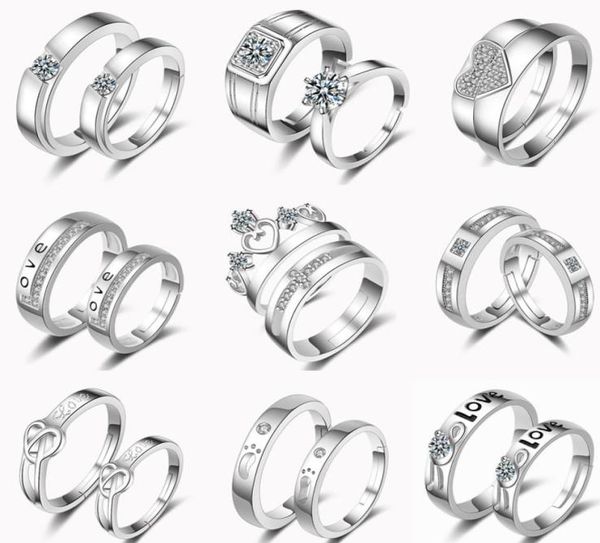 

32 designs couple rings adjustable 2pcset lovers rings 925 silver feather heart crown cross cubic zirconia rings8649177, Golden;silver