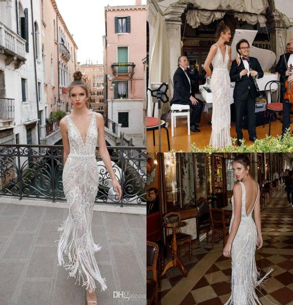 

julie vino mermaid wedding dresses deep v neck lace tassel crystal sleeveless backless wedding dress custom made country brid6521834, White