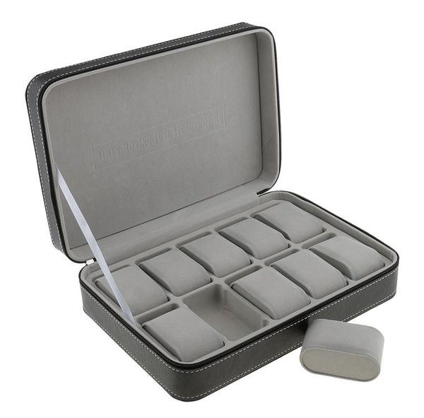 

phenovo watch case for 10 slots travel briefcase design leather large compartments with zipper closure jewelry packaging display9870705, Black