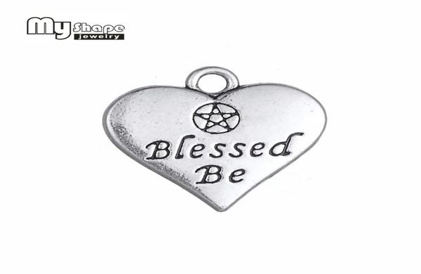 

my shape 20pcs heart charm double side letter blessed be wicca pentacle pentagram pendant for jewelry making antique silver tone1977589, Bronze;silver