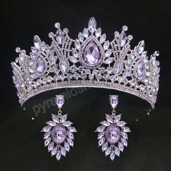 

6 colors luxury women water drop puprle crystal tiara crown girls party jewelry bridal crown earrings wedding hair jewelry, Slivery;white