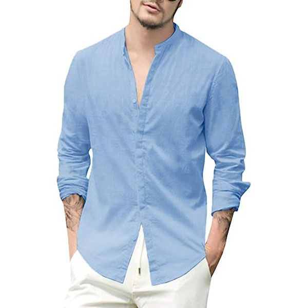 

men's casual button down cotton linen shirts long sleeve band collar beach shirt top, White;black