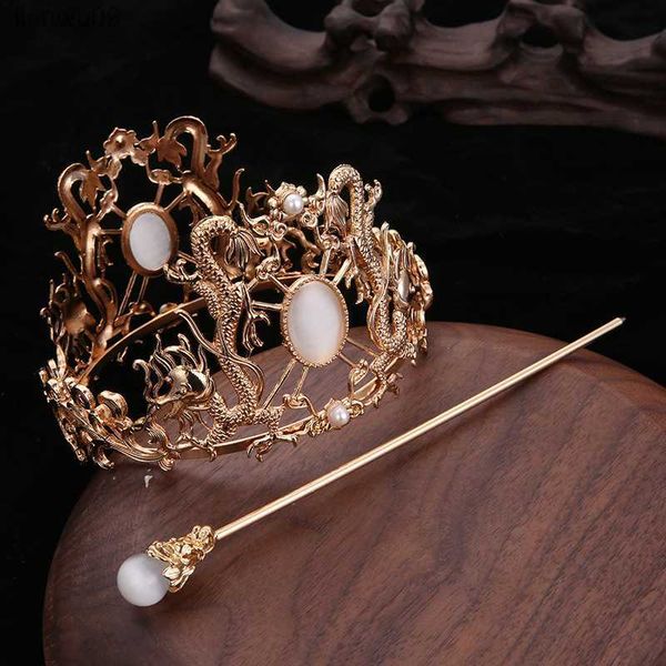 

chinese double dragon crown hanfu headdress l230704, White;golden