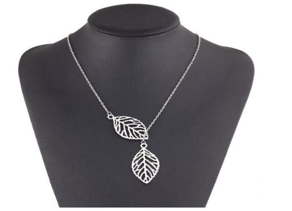 

fashionpunk gold hollow two leaf leaves pendant necklace clavicle chain simple european new fashion charm jewelry women christmas5979342, Silver