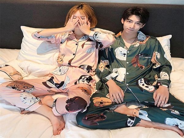 

couples menwomen satin pajamas set 2pcs ant dog puppy cartoon silk smooth new spring femme sleepwear nightwear pjs 2011138621211, Black;red